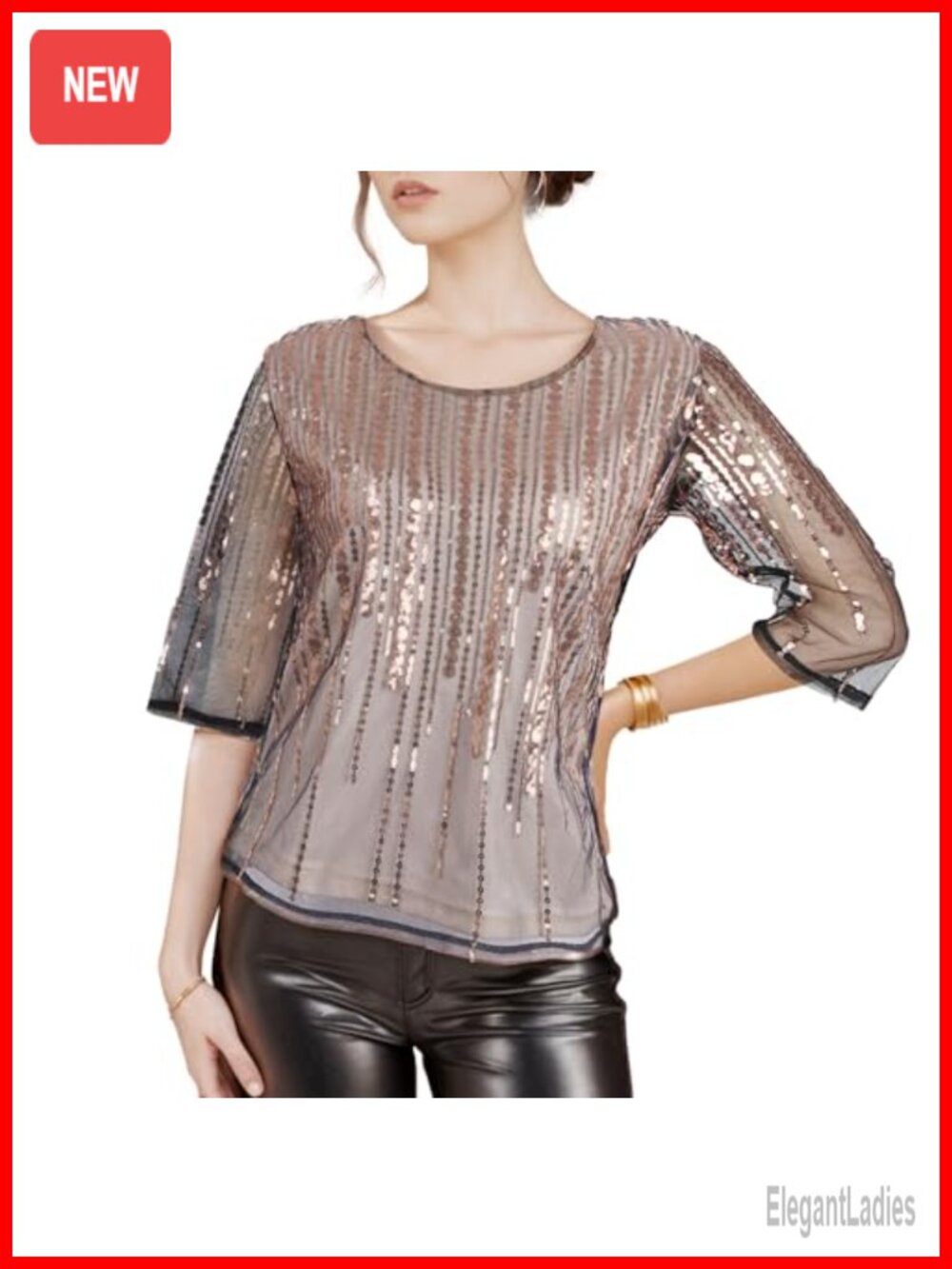 Women's Sequin Glitter Mid-Sleeve Blouse Top Party Gatsby Night Out